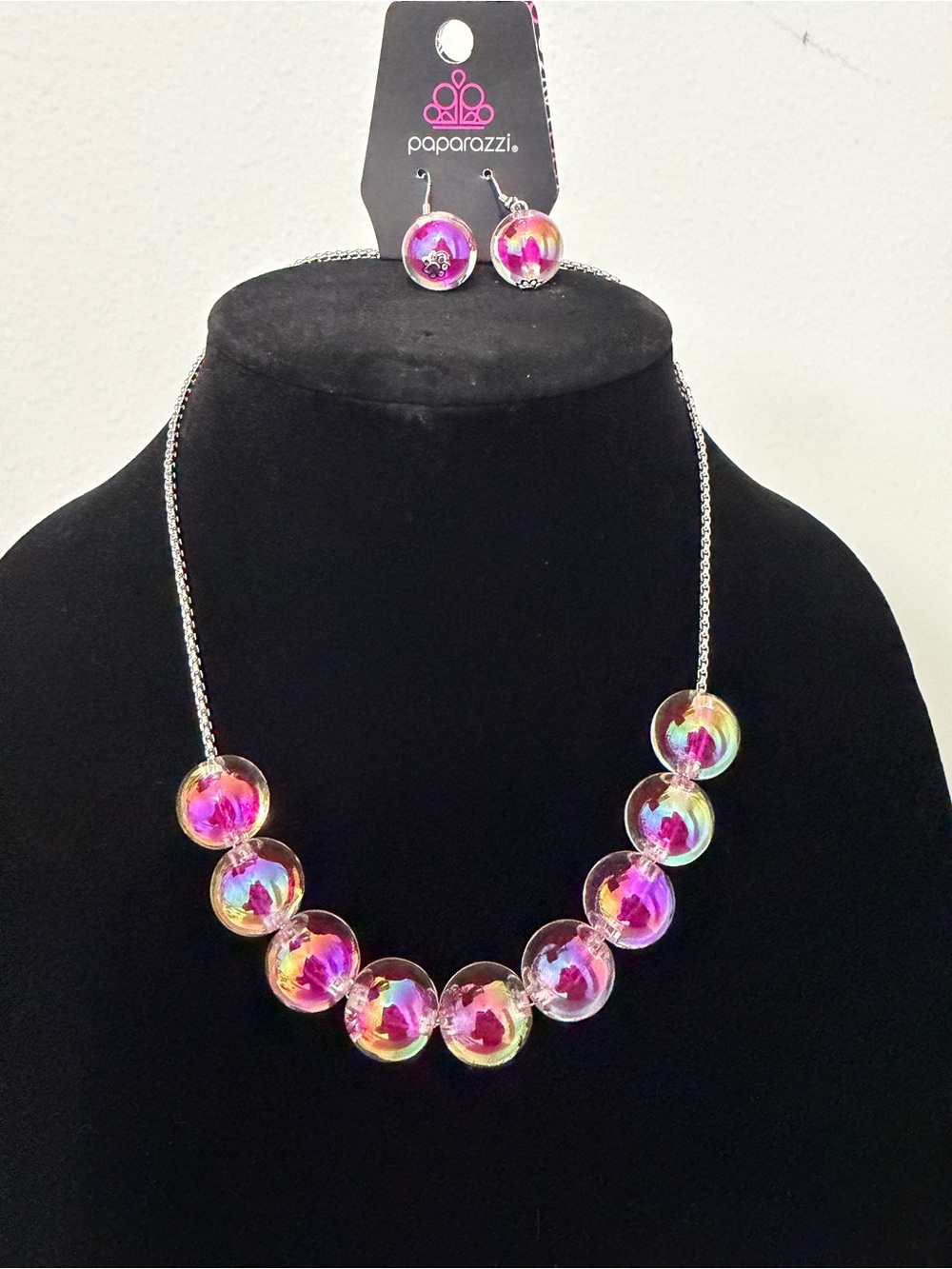 paparazzi Pink Iridescent Bubble Necklace and Earring Set
